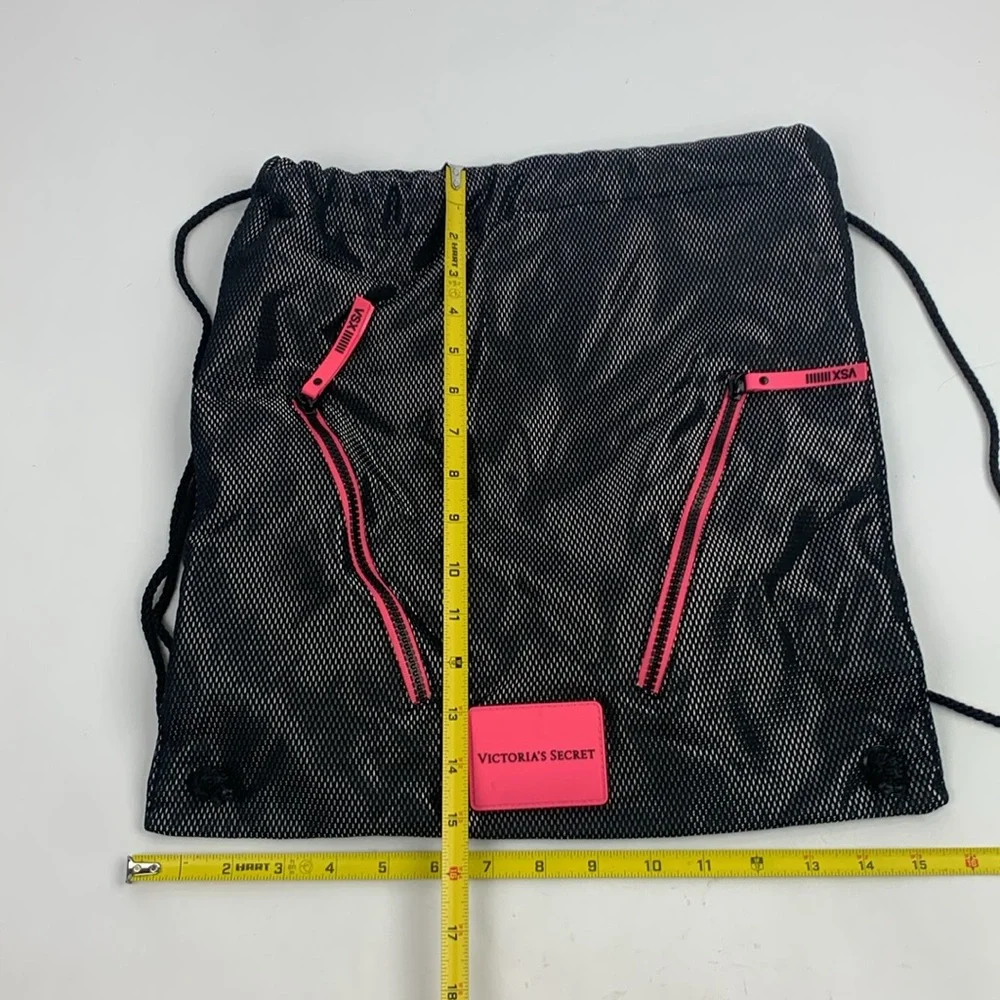 Victoria’s Secret Cinch Bag Black Bright Pink  Drawstrings 2 Zip Pockets